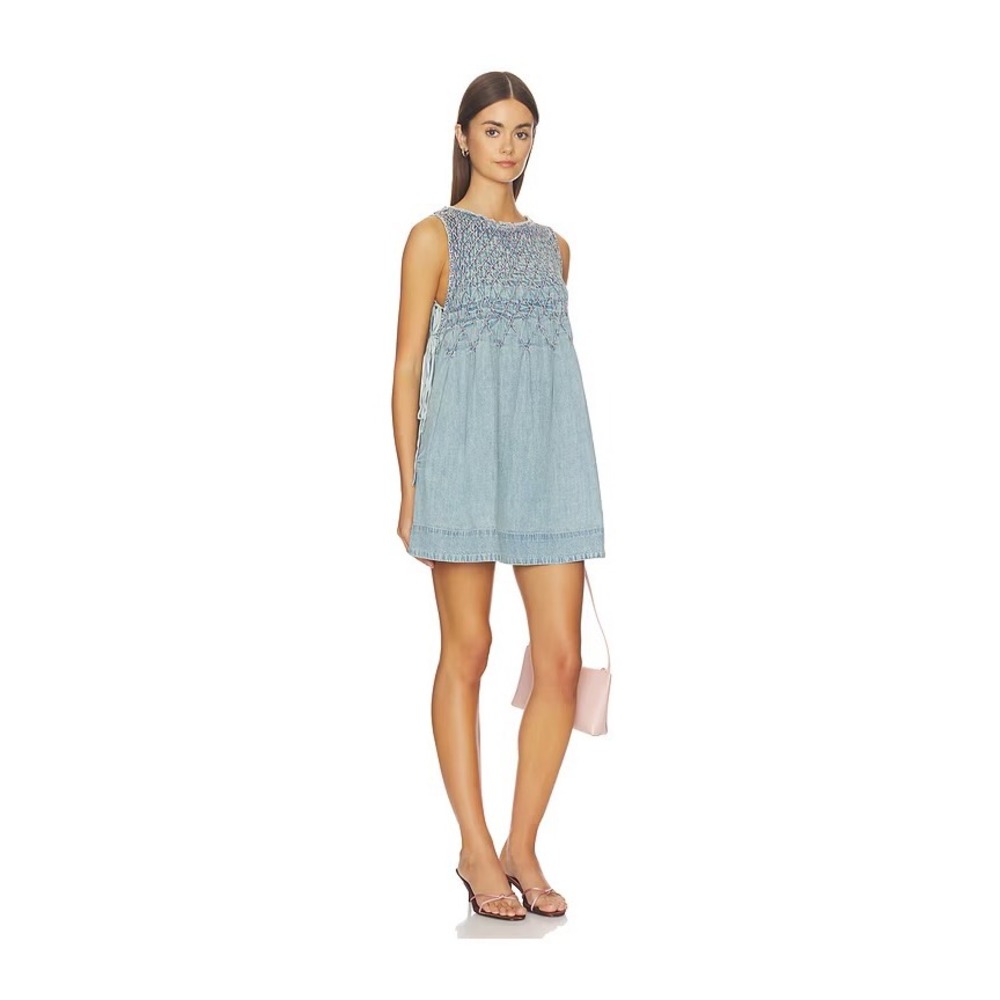 Free People Maisie Smocked Denim‎ Mini Dress Blue Medium New With Tags